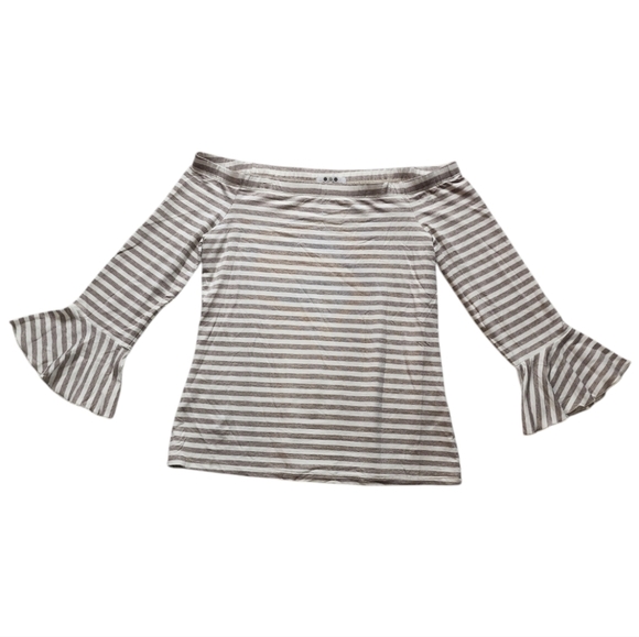 Three Dots Off Shoulder Striped Bell Sleeve Top Size L Beige White Casual - Picture 1 of 6